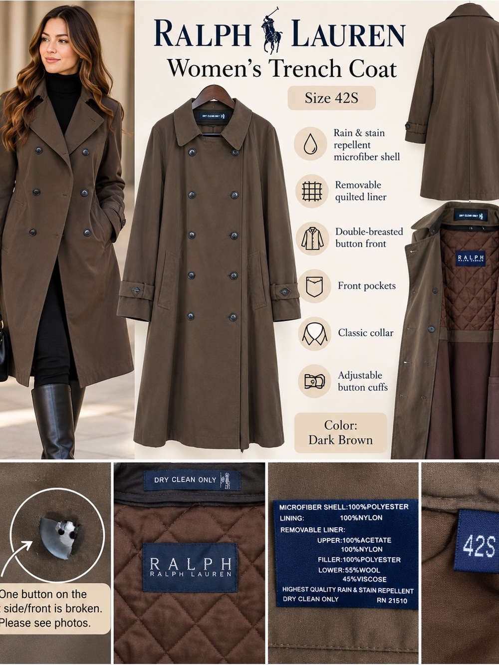 Ralph Lauren Dark Brown Women's Double-Breasted Trench Coat